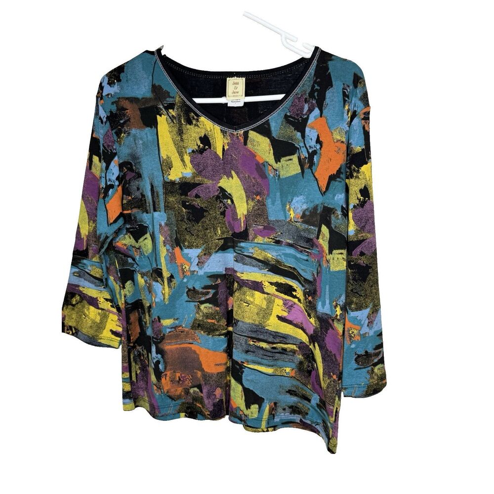 Jess & Jane Top L Masterpiece Art To Wear Colorful Pullover 3/4 Sleeve T Shirt